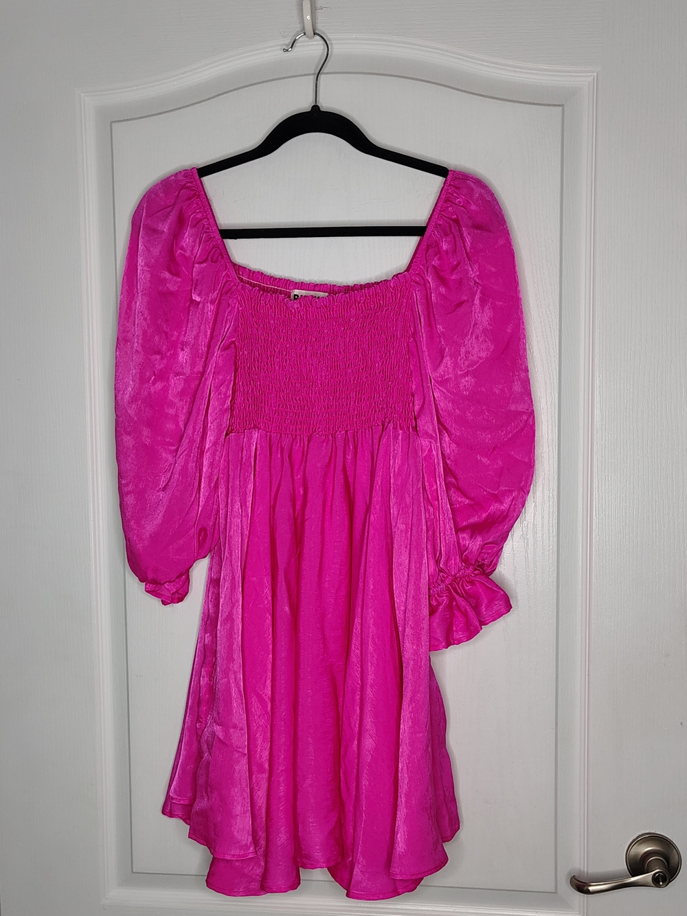 BUCKETLIST Hot Pink Smocked Midi Dress with Puff Sleeves